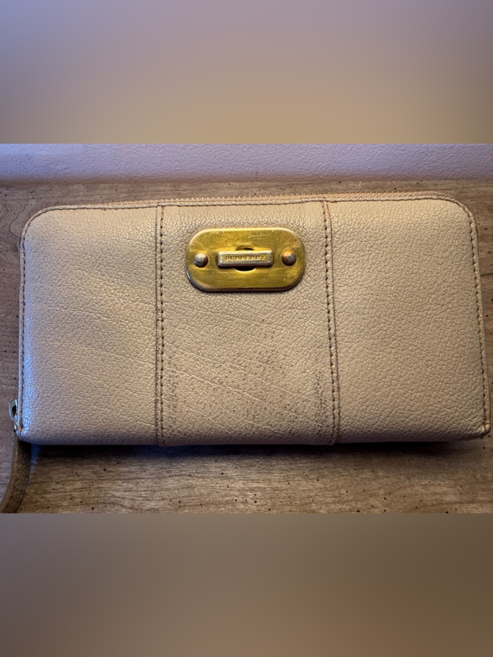Burberry Beige Leather Zip-Around Wallet with Gold Hardware